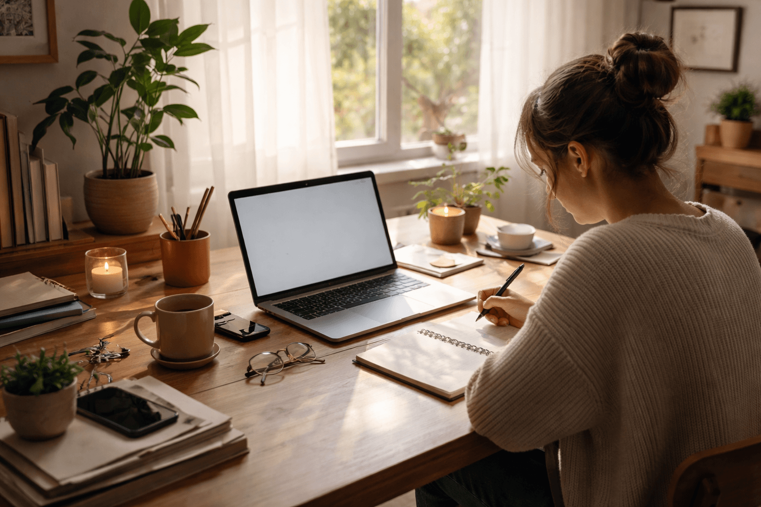 A freelancer in a home office drafting a marketing proposal on a laptop, warm morning light, close-up of notes and laptop keyboard