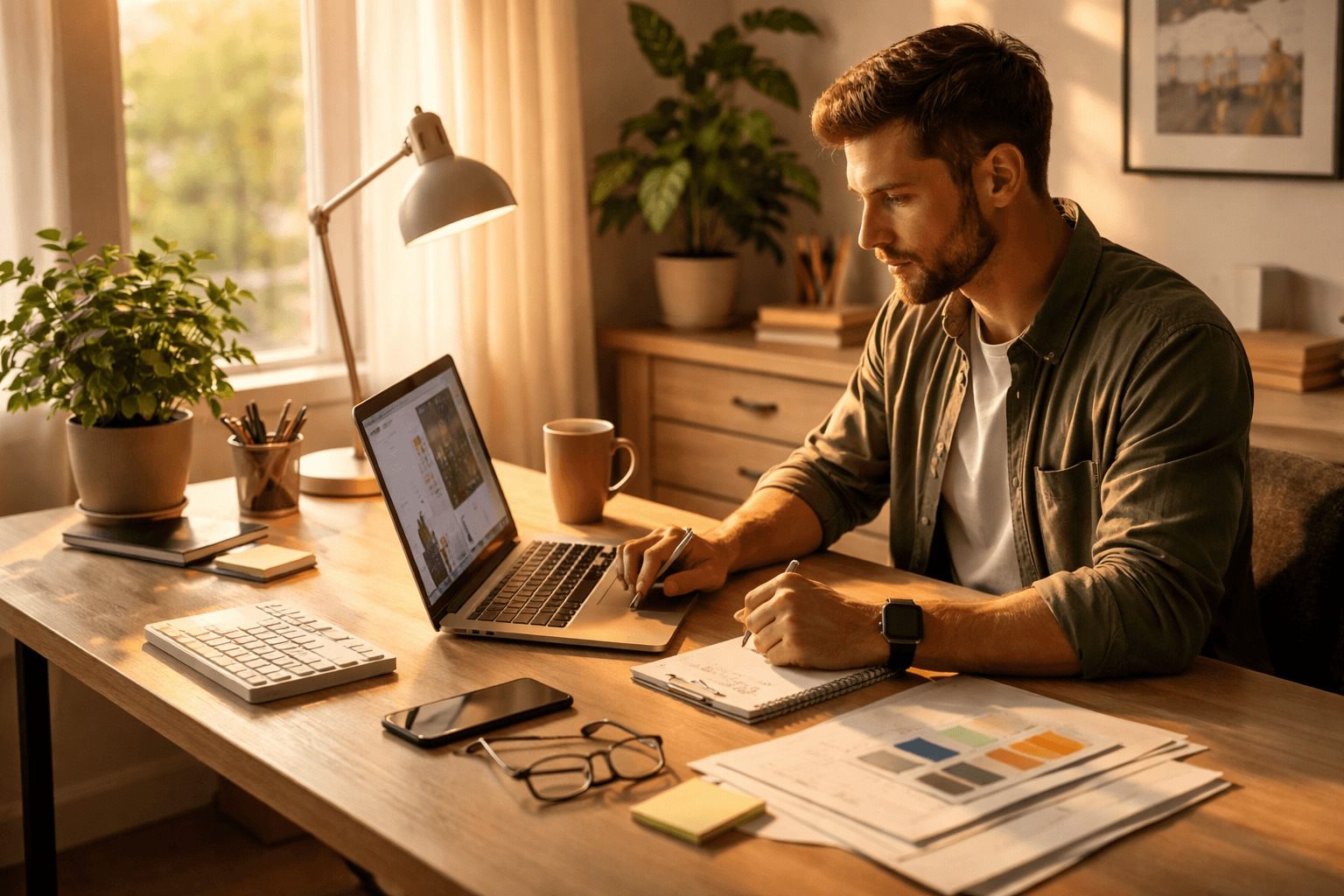 Freelance web developer working at home with a laptop and notes on pricing