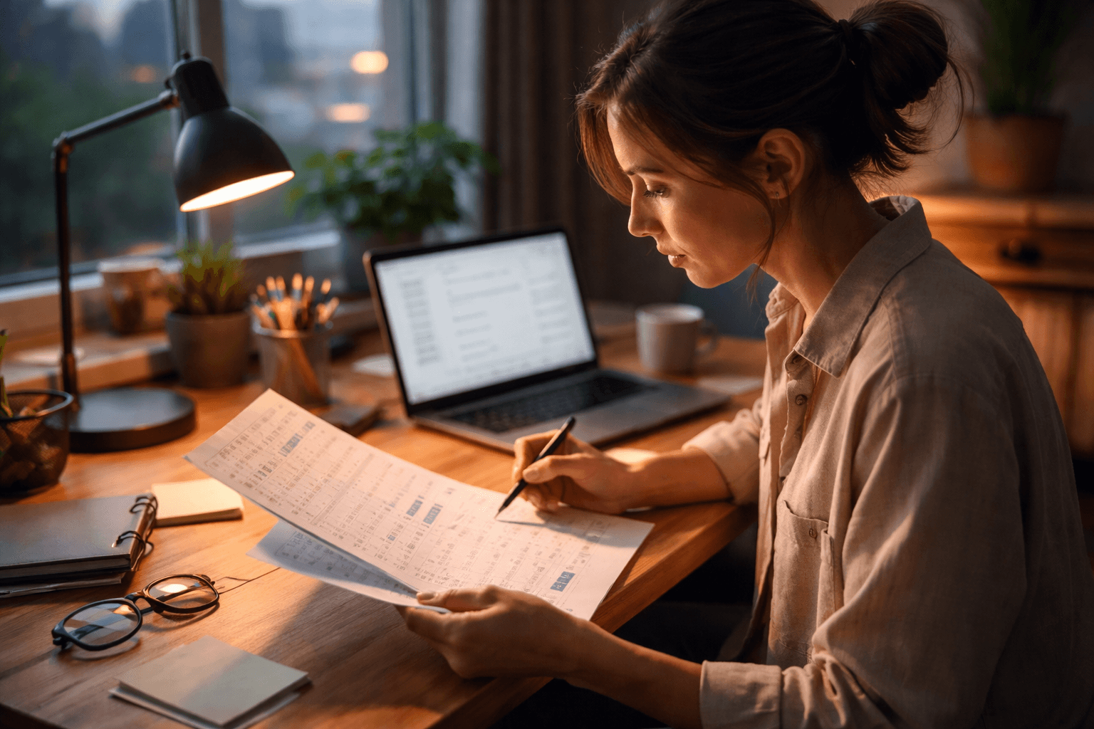 Freelancer reviewing an invoice list at a home desk, early evening light
