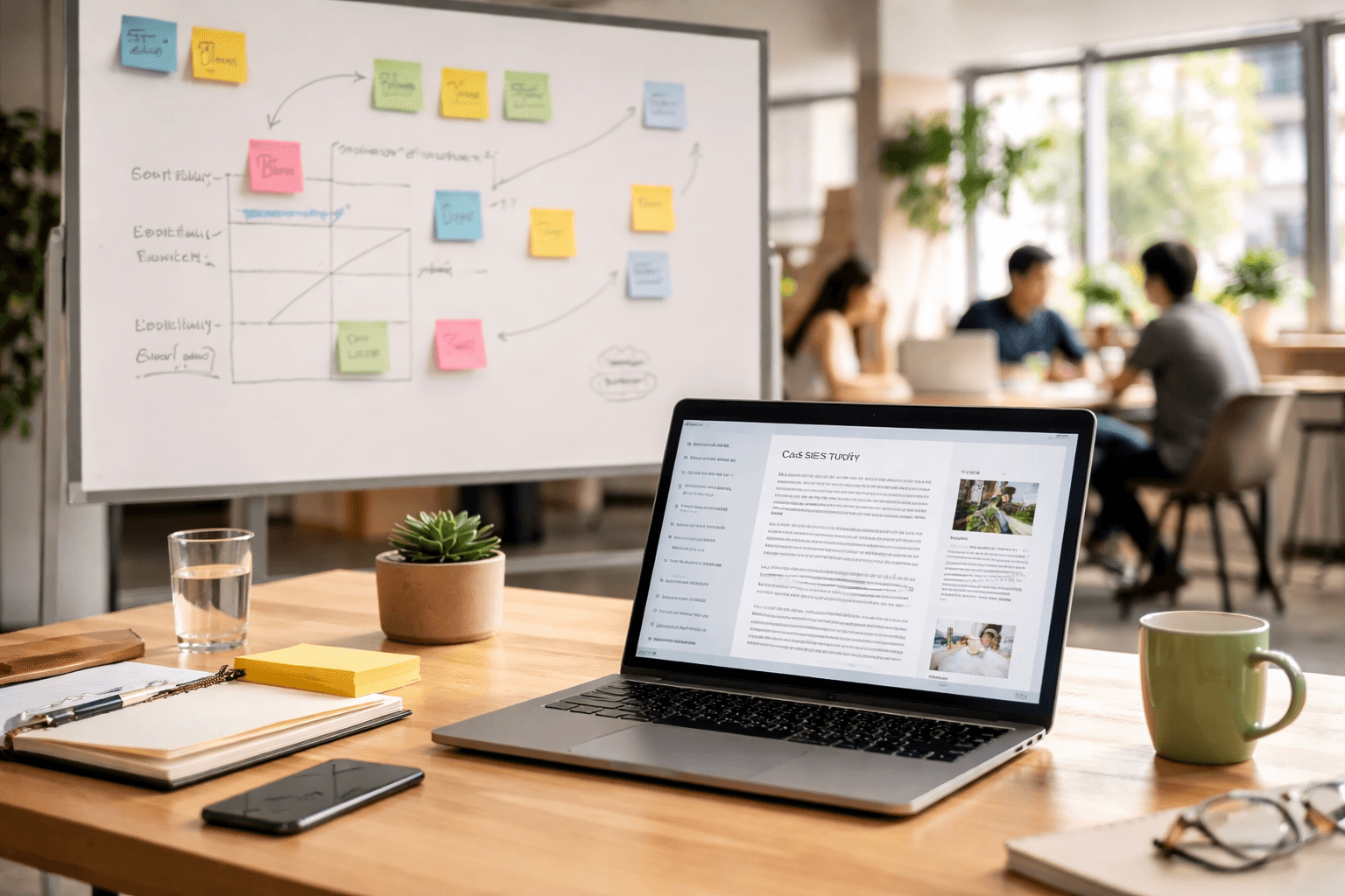 Co-working desk with a whiteboard plan and laptop open to portfolio sections, bright afternoon
