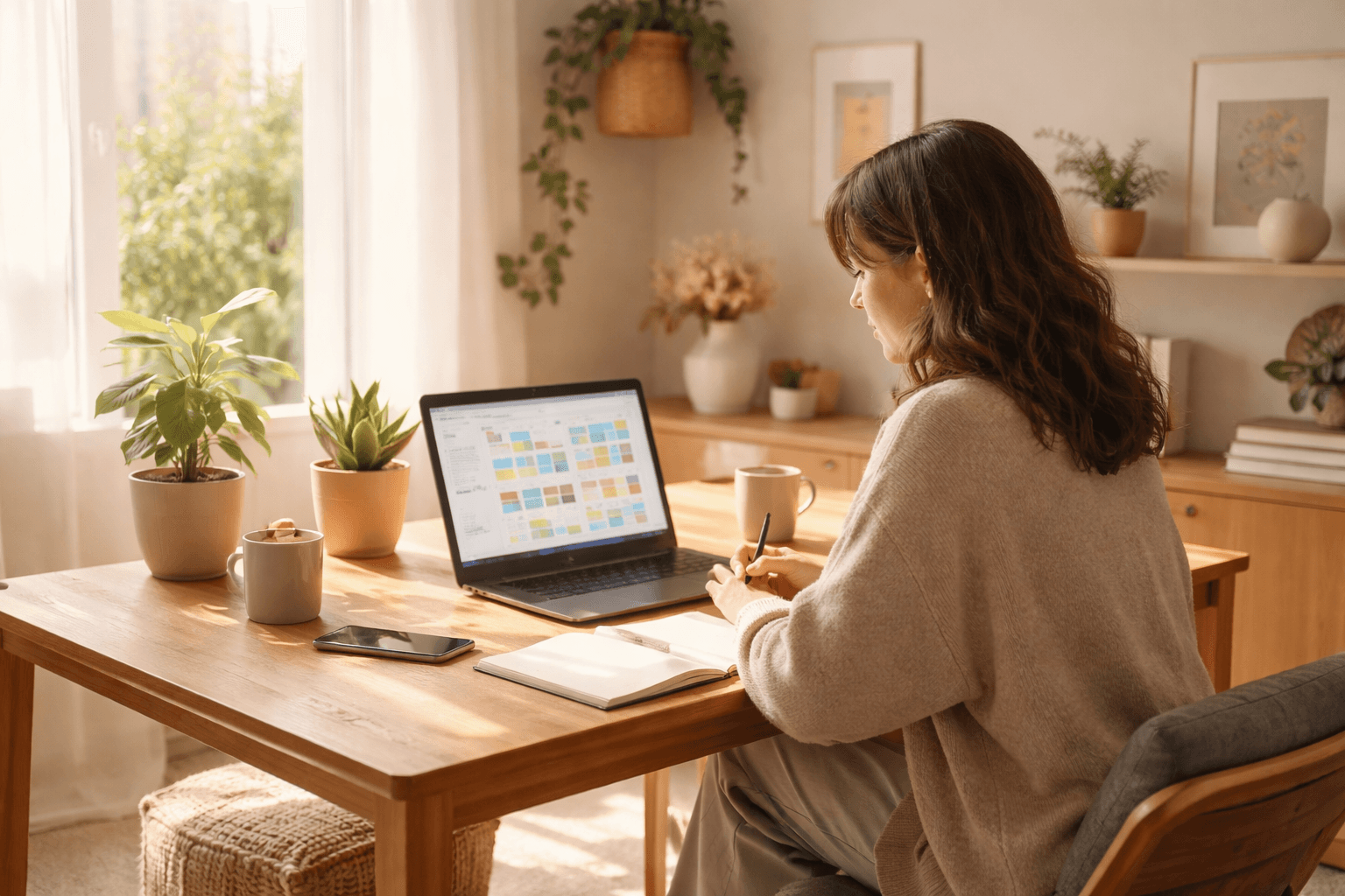 Editorial workspace planning session with notebook and laptop