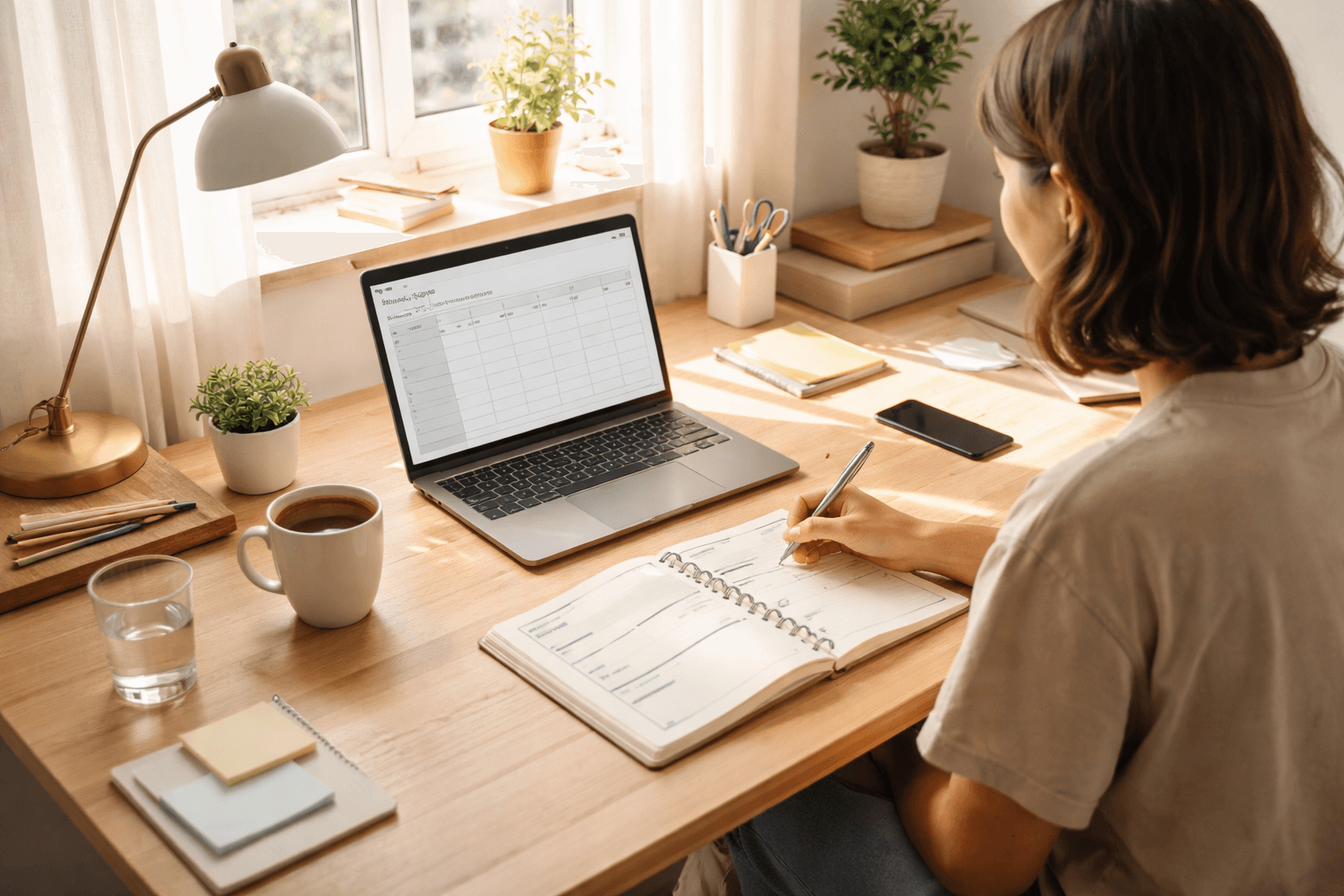 Freelancer at a desk reviewing a pricing worksheet at home office in the morning