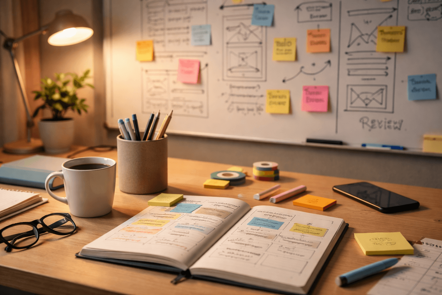 Whiteboard planning session with sticky notes for a brand identity project, warm afternoon lighting, editorial style