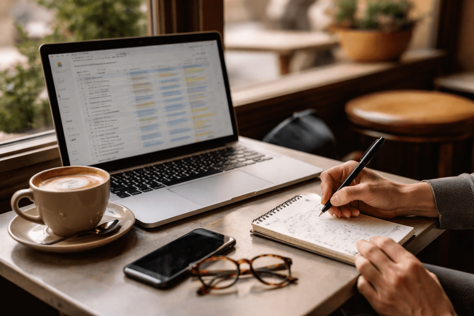 A coffee shop table with a laptop open to an outreach spreadsheet and handwritten messaging notes