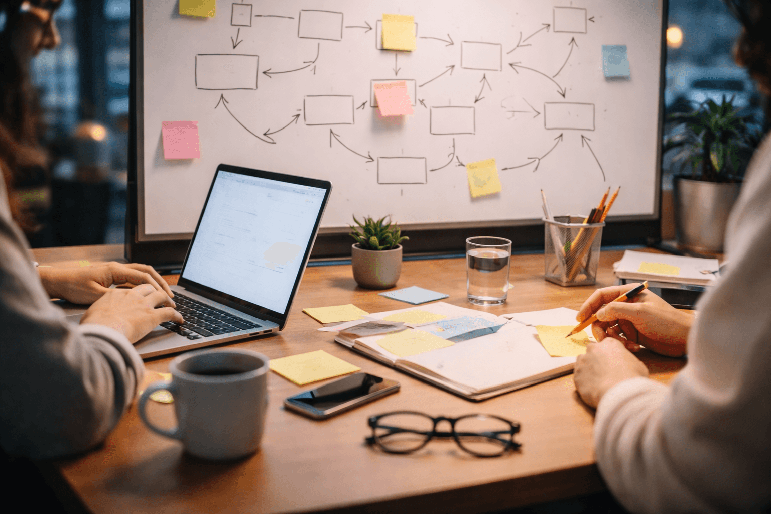 Co-working space desk with a whiteboard and sticky notes planning a client project