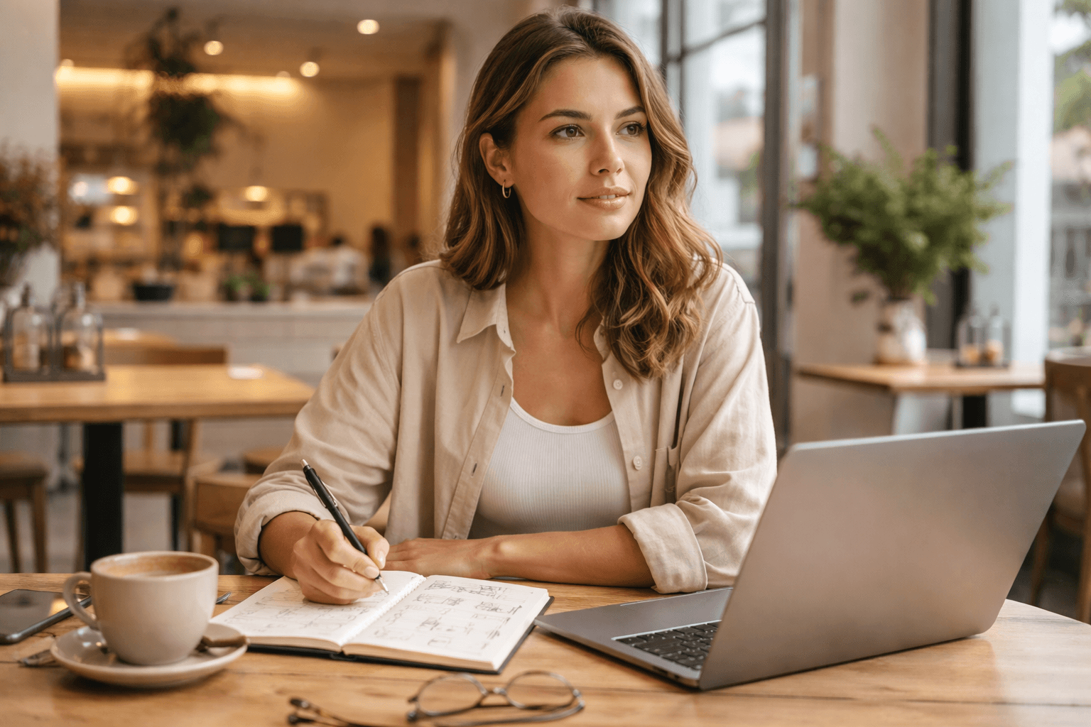 Freelancer working in a cafe with a notebook, laptop, and timeline sketches