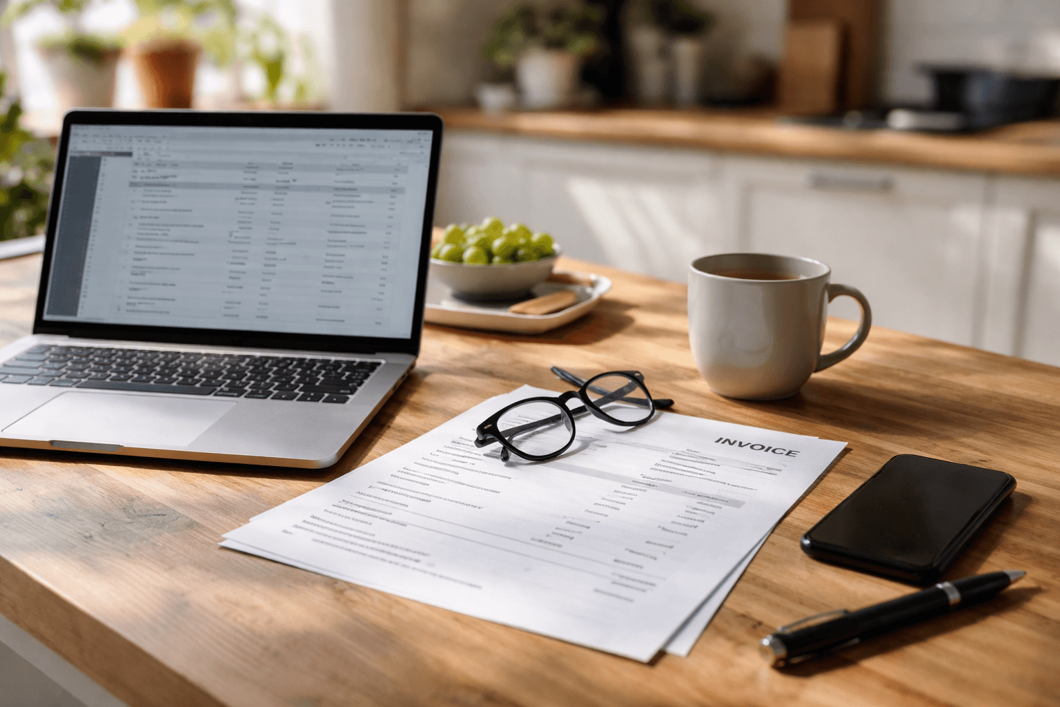 Close-up of a laptop with an invoice spreadsheet and a sticky note list, desk at midday