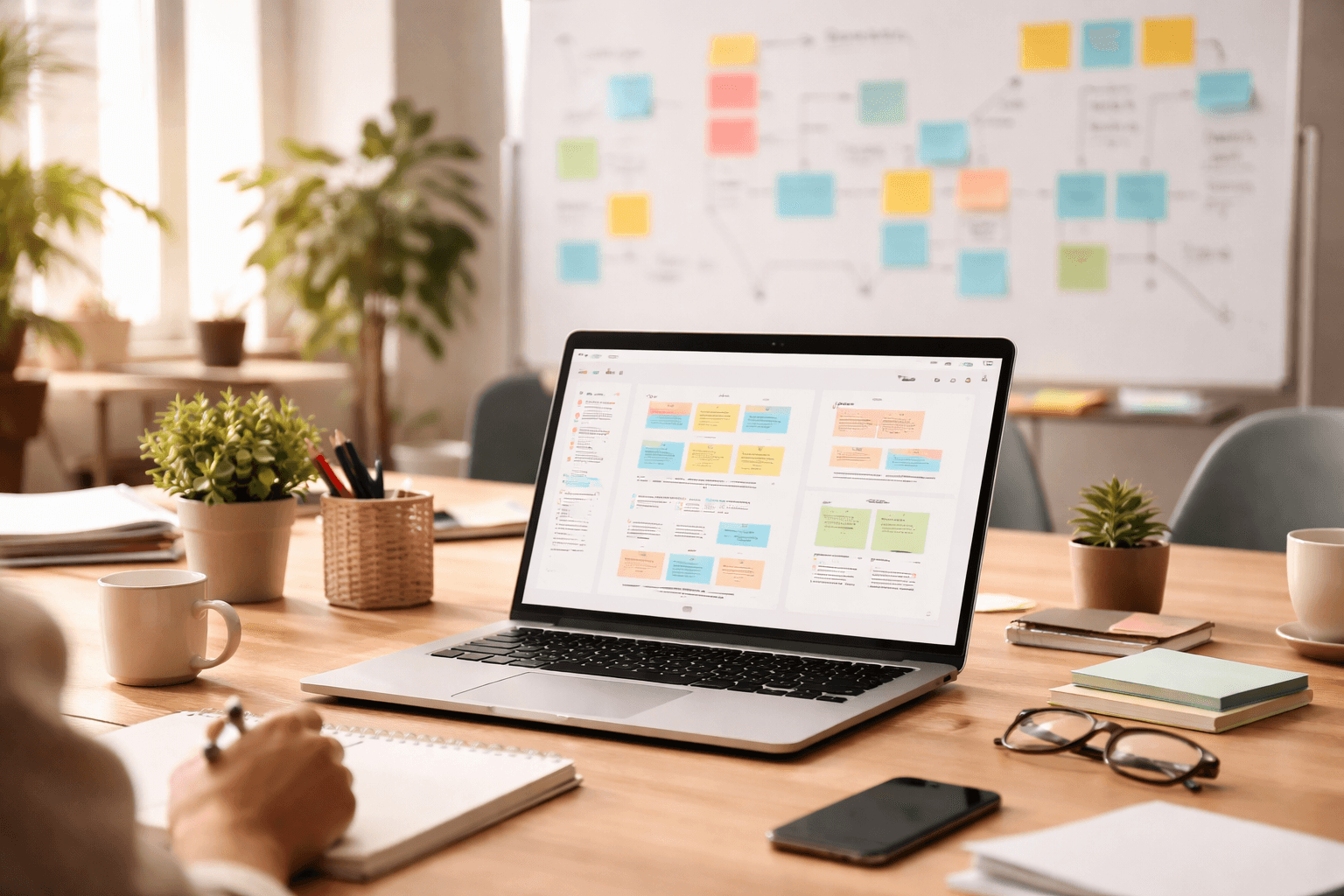 Co-working space desk setup with laptop open to planning notes and a whiteboard, soft afternoon light