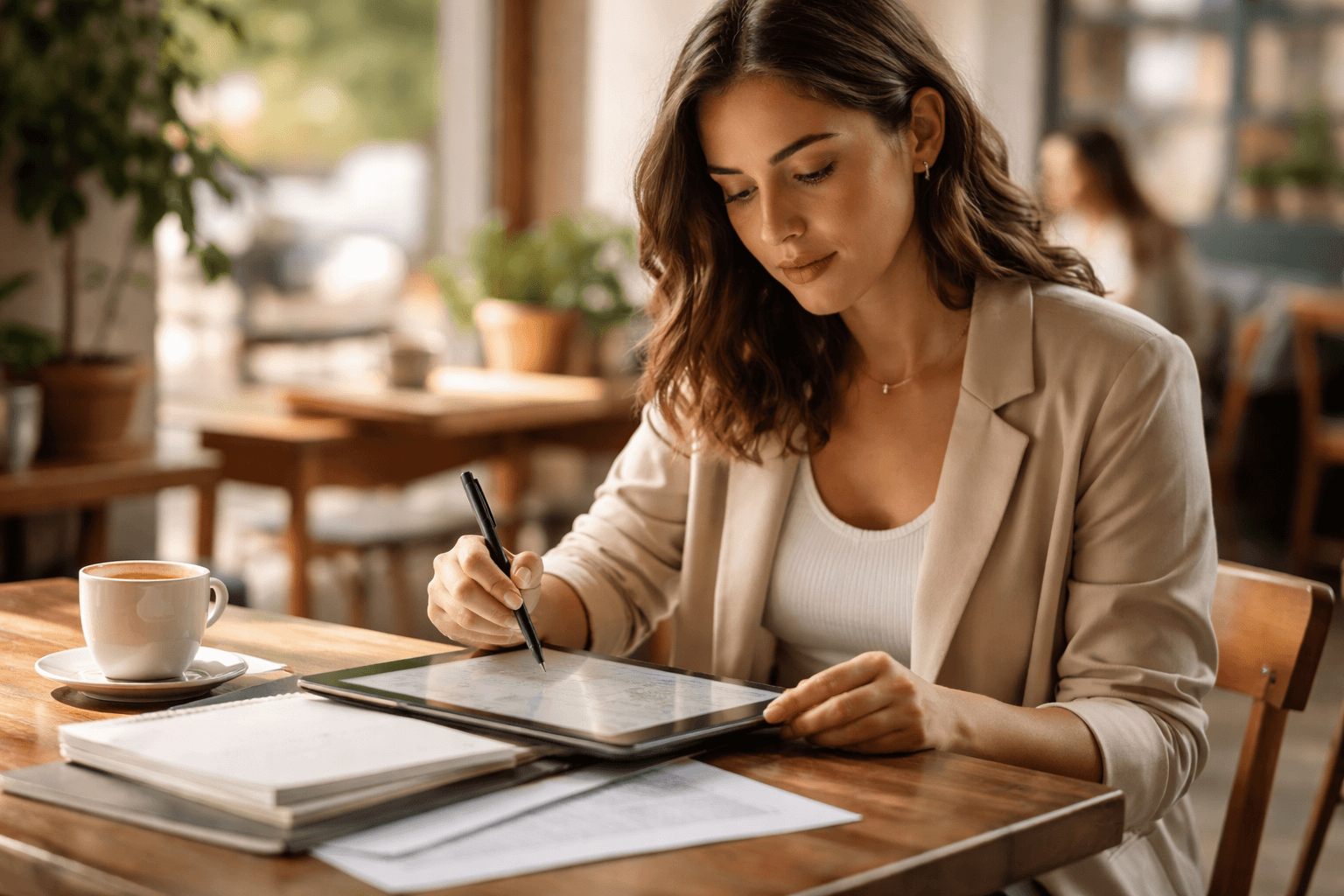 Close-up of a laptop screen and notes during a client meeting in a cafe