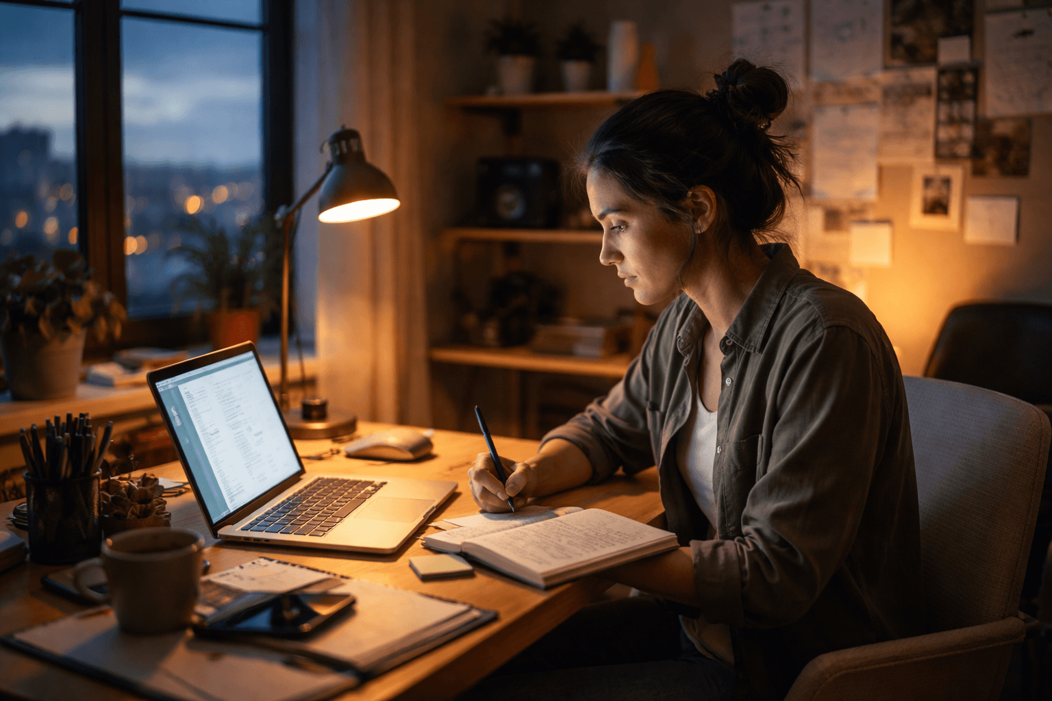 Freelancer reviewing AI-assisted project notes in a home studio