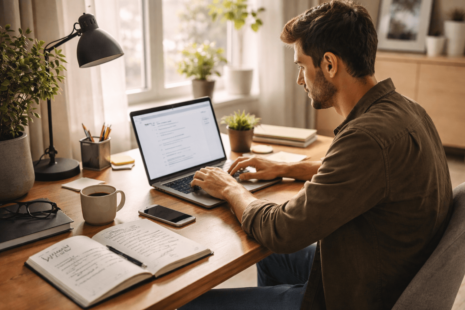 A web developer planning services on a laptop in a home studio, warm morning light, notebook and coffee on desk