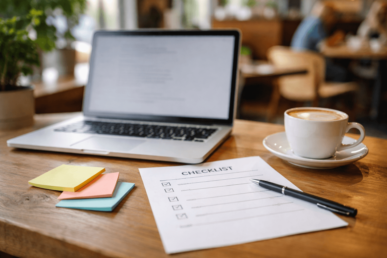 Weekly pipeline view on a laptop at a cafe, checklist-style cards and sticky notes