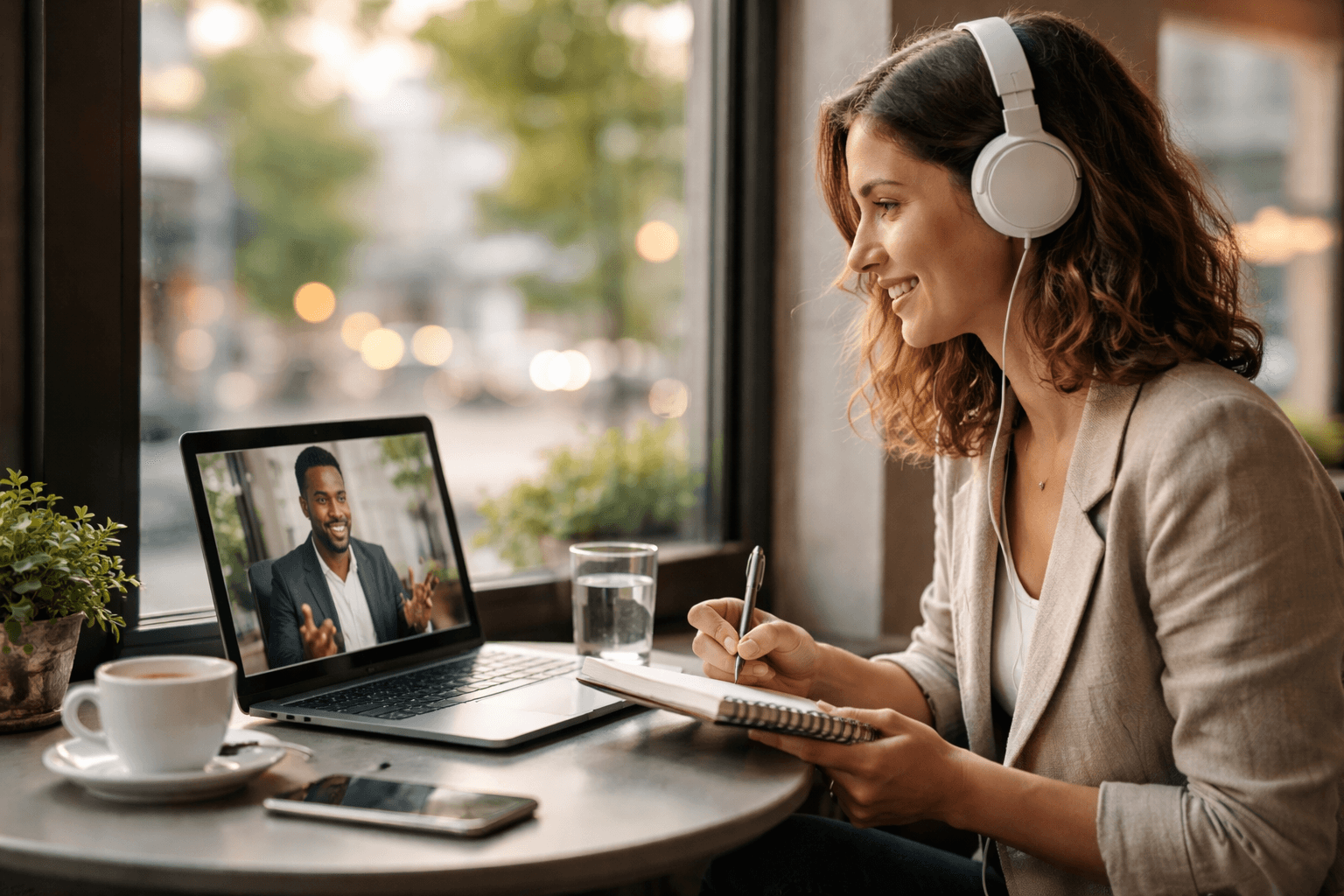 A freelancer reviewing an outreach list and taking notes in a cafe