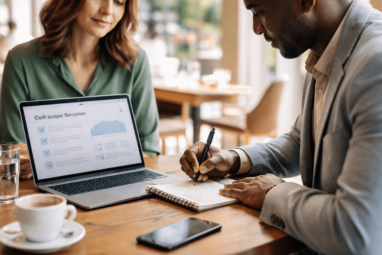 Freelancer in a cafe marking milestones on a notepad during lunch break
