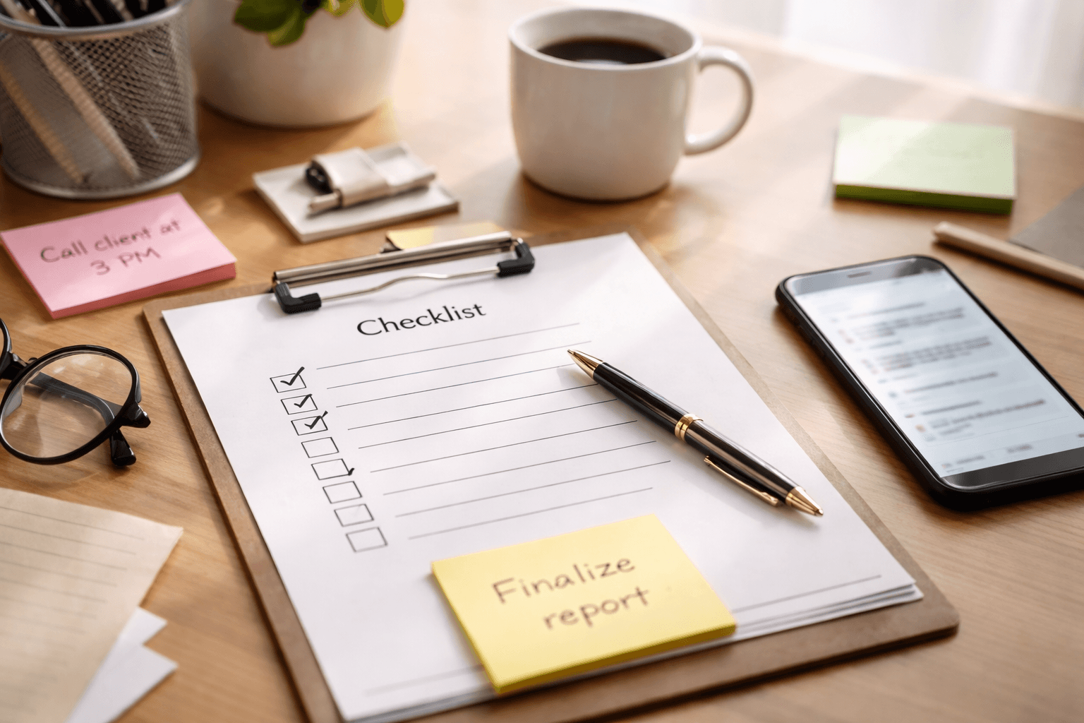 Close-up of a printed checklist and sticky notes for outreach and follow-ups on a desk