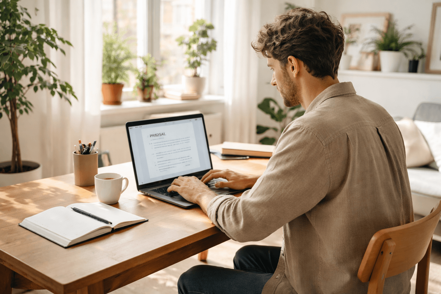 A freelancer working at a desk with a laptop, notes, and a simple task list at home office