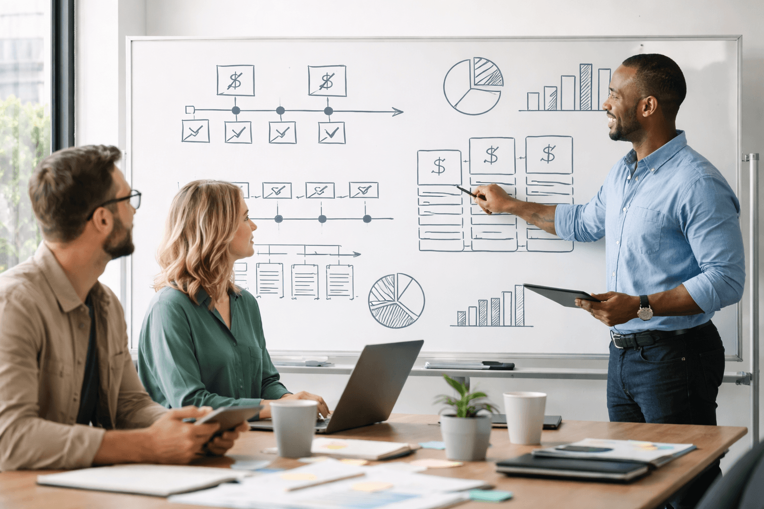 whiteboard with milestones and pricing models sketched during a client planning session