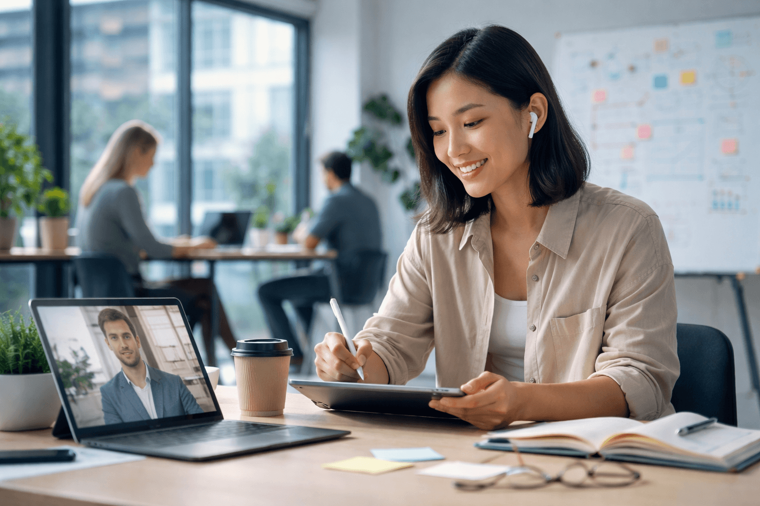 Co-working space scene: freelancer on a video call, taking notes on a tablet while reviewing timelines