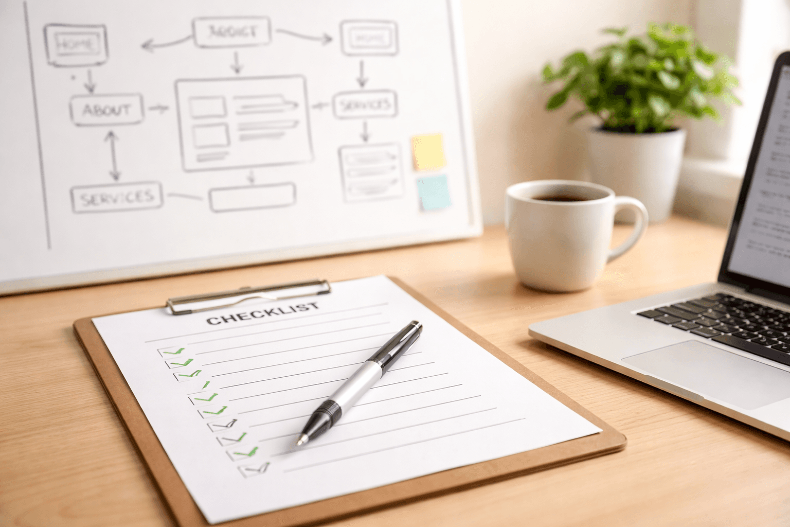 Co-working desk with laptop, checklist, and pen near a whiteboard https://mnyooiivpmhhltlepaan.supabase.co/storage/v1/object/public/client-portal-content/seo-blog/f533e45f-97ff-4e1c-9ec7-ad4553394e18/70bf4eed-6a1c-44c6-a568-6bee58cfa27f.png