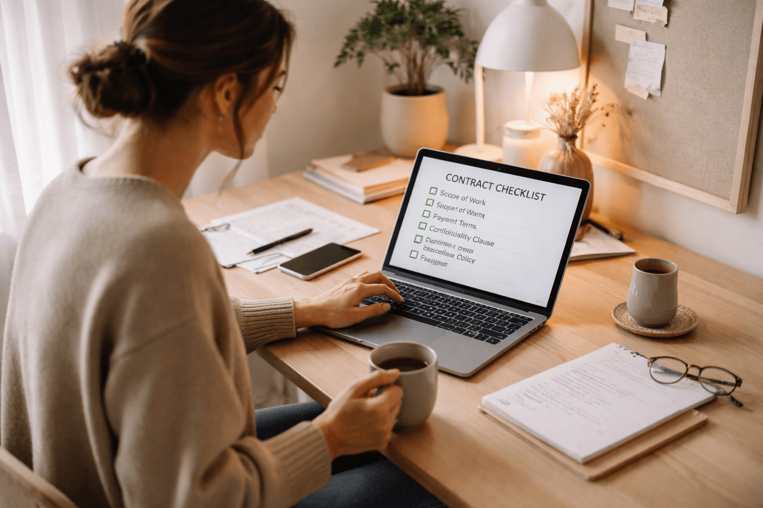 A freelancer at a home studio reviewing a contract checklist on a laptop, morning light and calm workspace