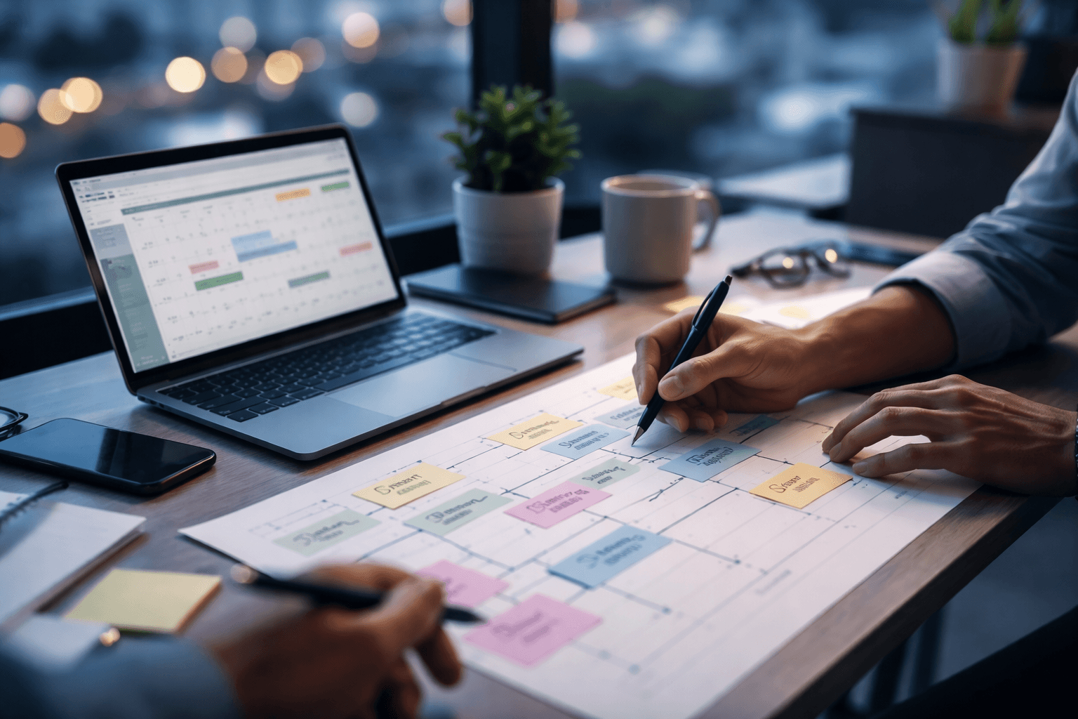 Close-up of a laptop showing project notes and calendar planning at a coworking desk