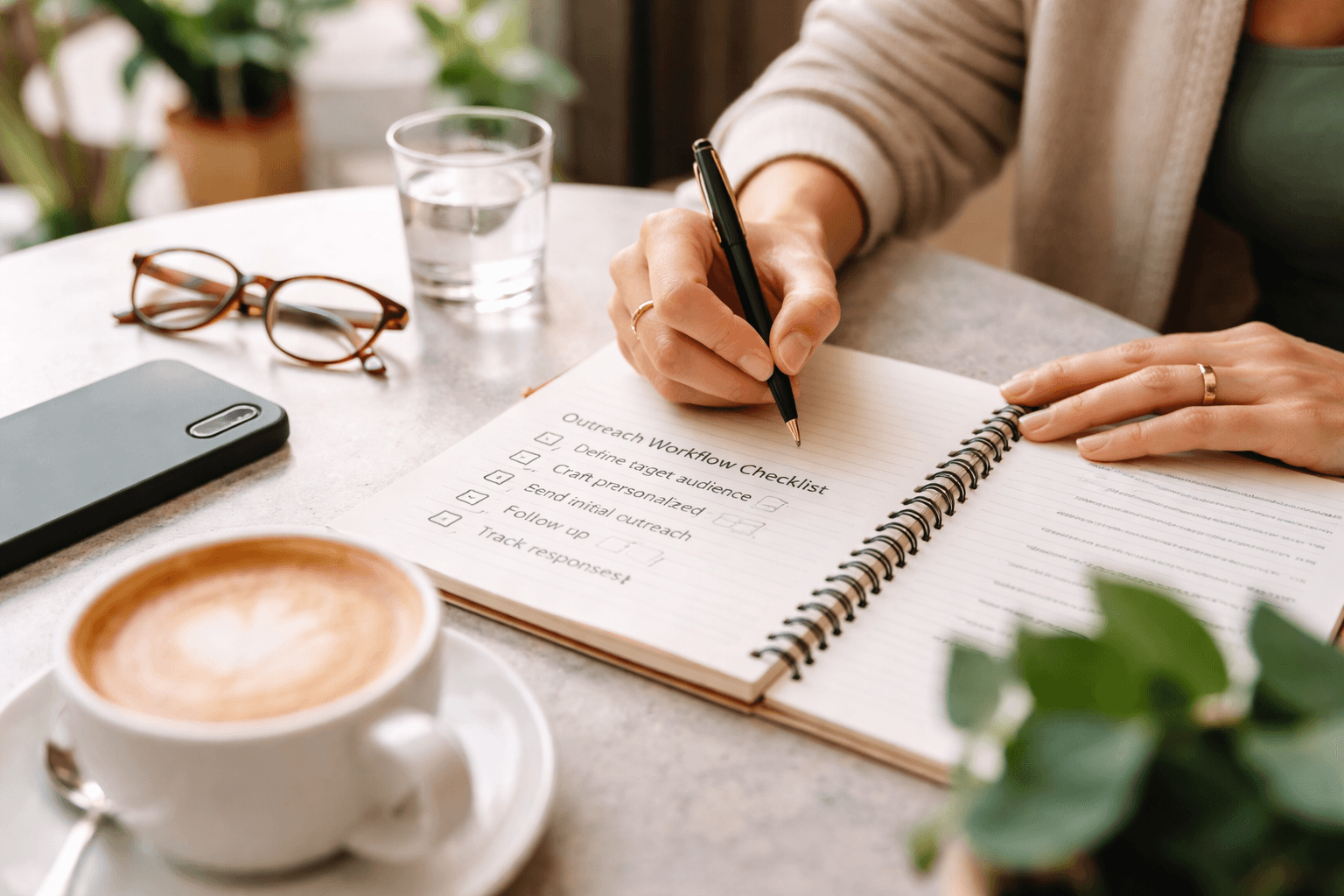 Outreach workflow and messaging notes on a notebook