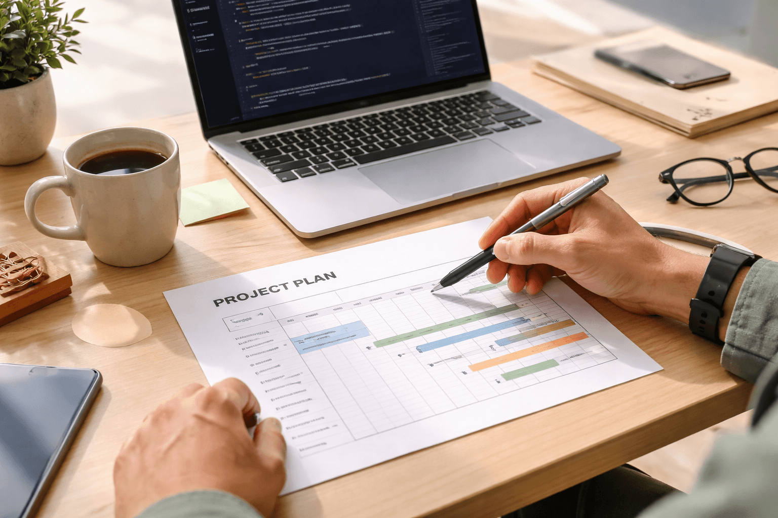 A close-up desk scene showing a developer reviewing an iOS project board and timelines on a notebook