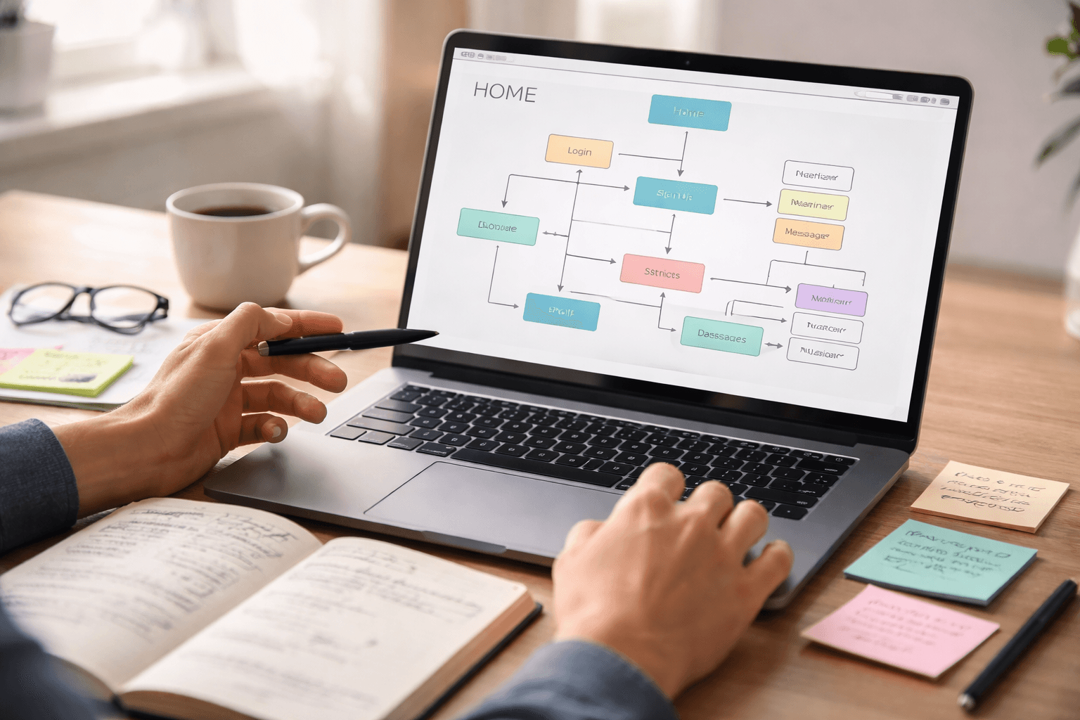 A close-up of a laptop screen with a UX flow diagram and sticky-note style planning on the side, modern natural lighting