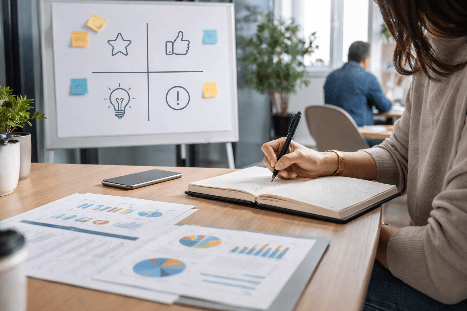 A co-working space scene with a whiteboard of a niche decision matrix and a notebook of metrics