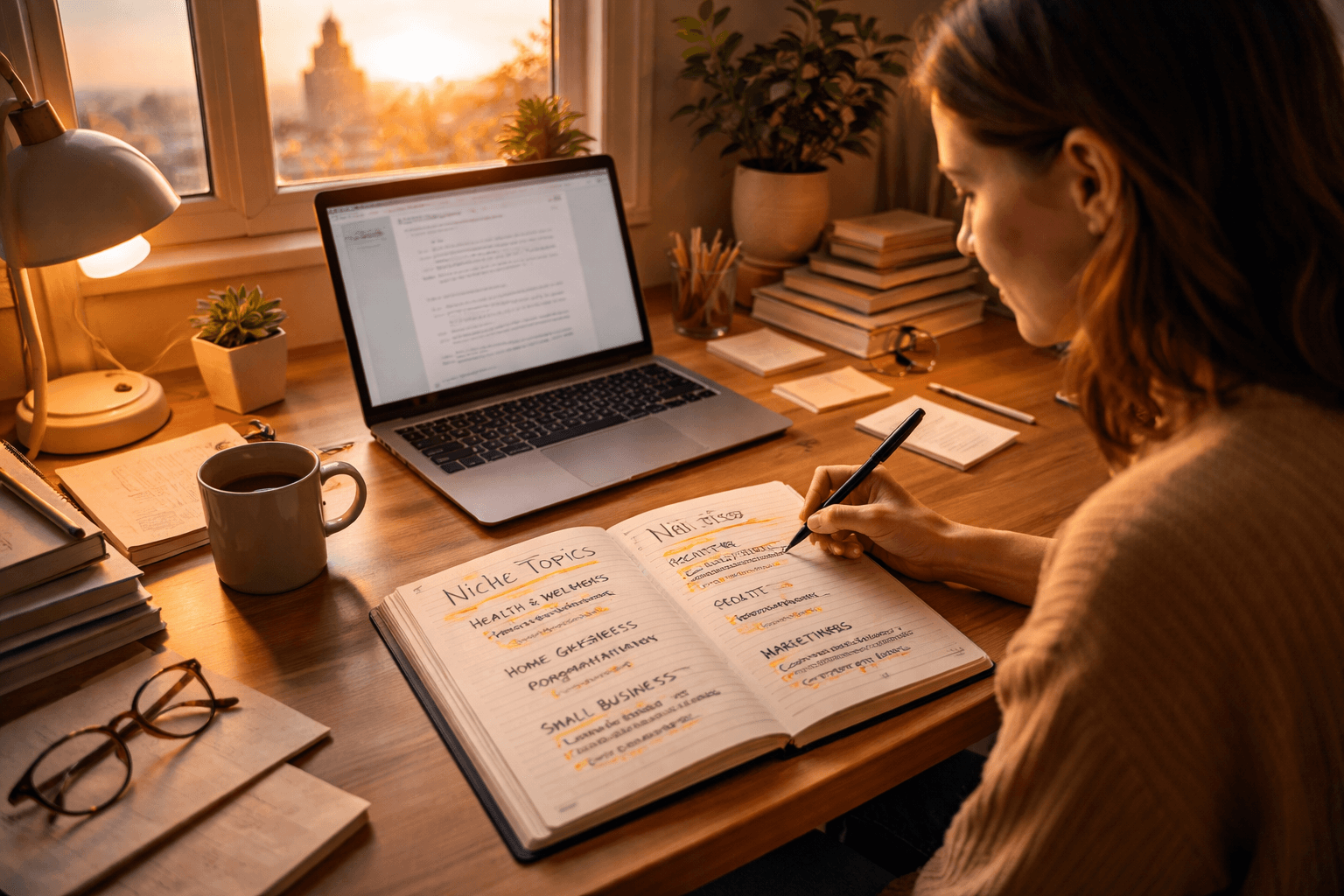A freelancer at a home desk mapping niche ideas on a notepad, morning light and calm workspace