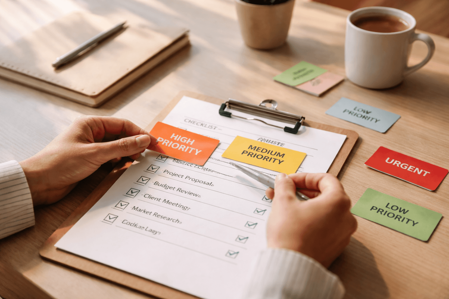 Close-up of a freelancer organizing notes and priorities with a checklist