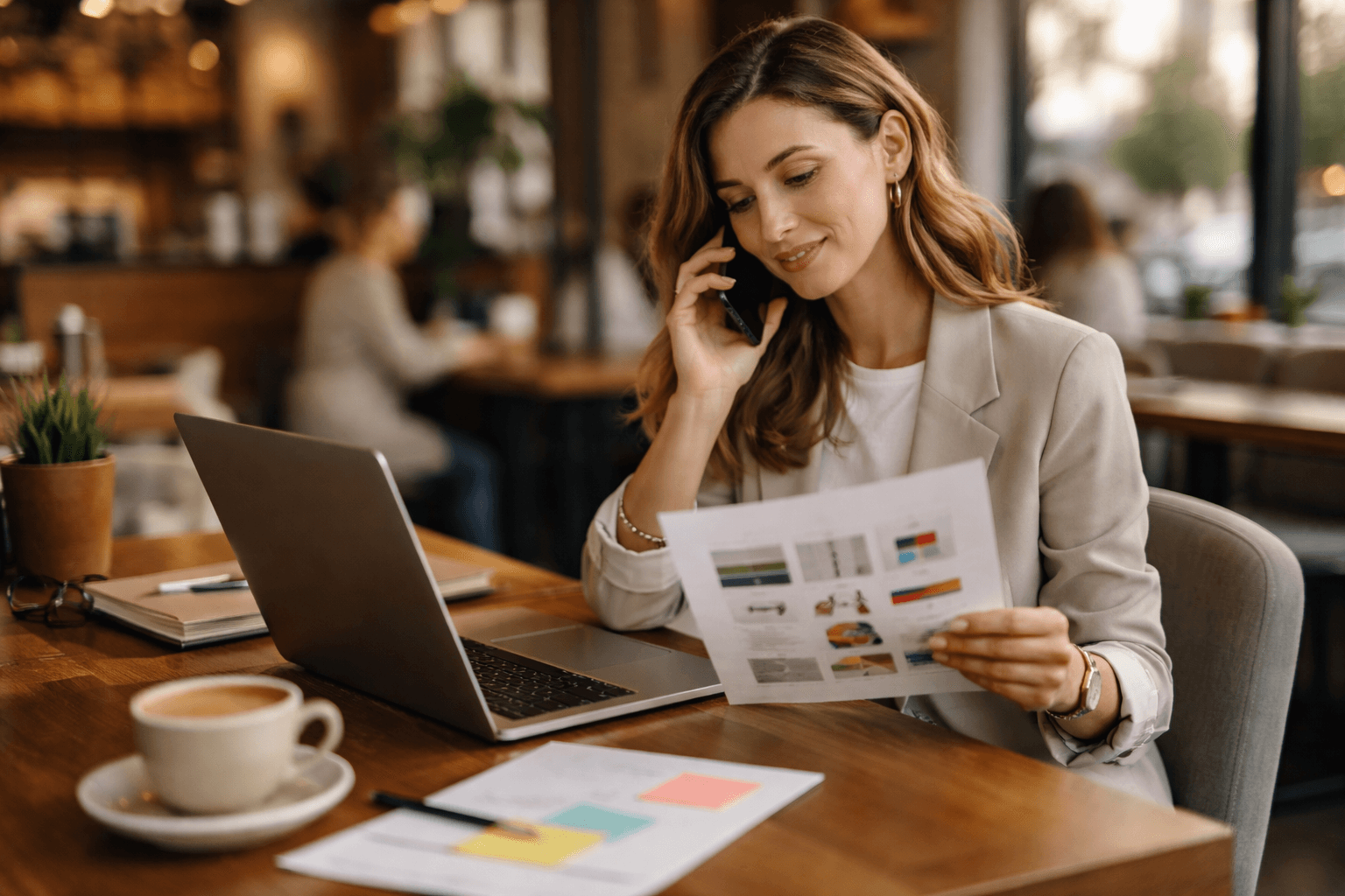 Client call in a cafe with notes and printed reference boards, late afternoon