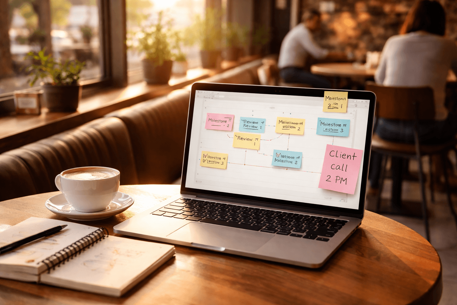 Coffee shop laptop with sticky notes labeled milestones and review rounds