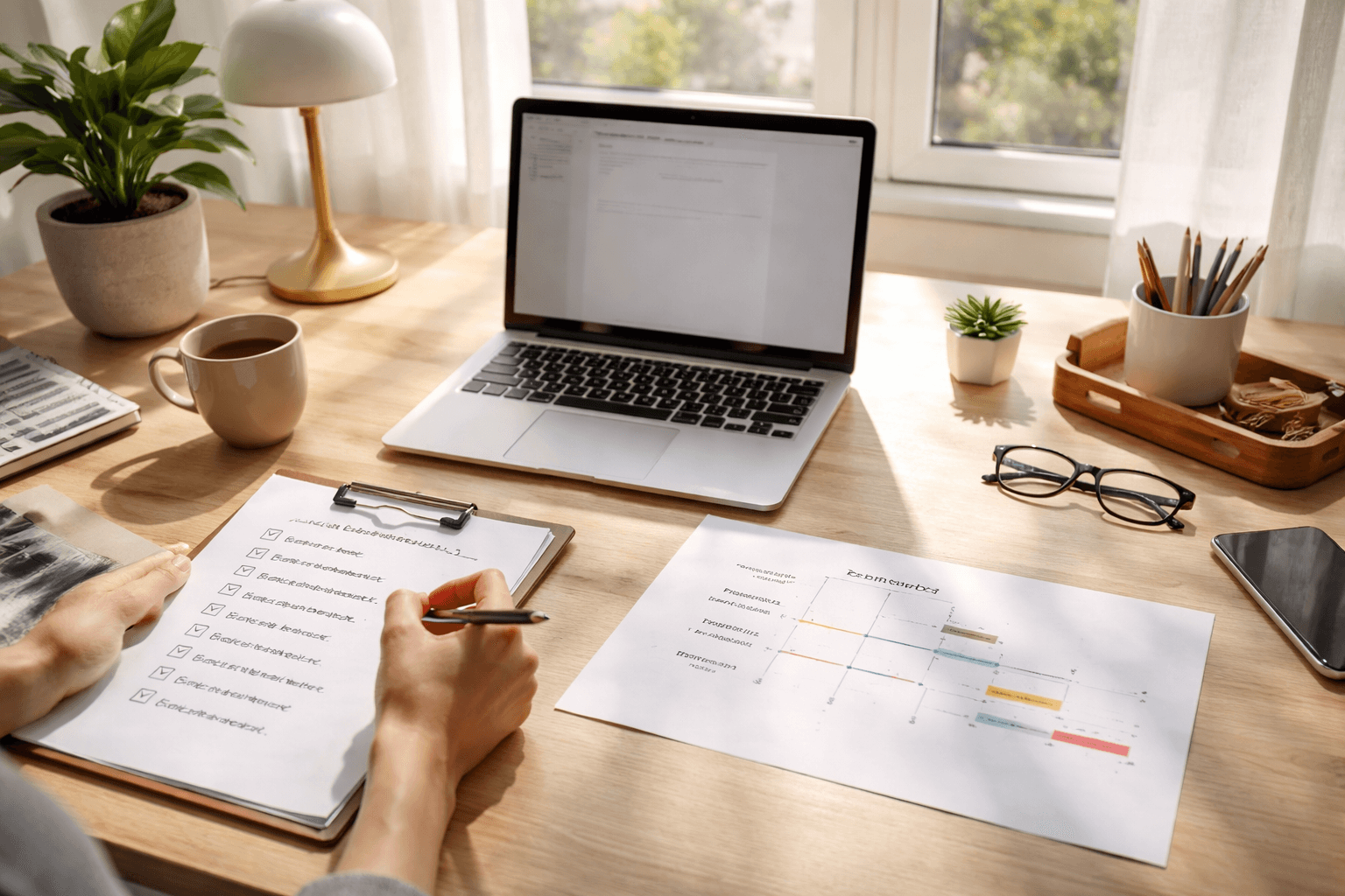 Freelancer’s desk with laptop and printed checklist, morning light, calm editorial mood