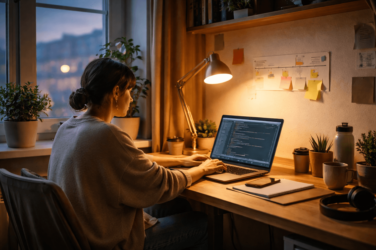 Freelancer planning website scope on a desk with laptop and notes in a warm home studio
