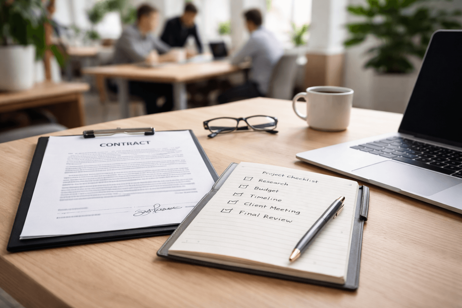 A coworking desk with a laptop, printed contract pages, and a small checklist notebook for managing client tasks