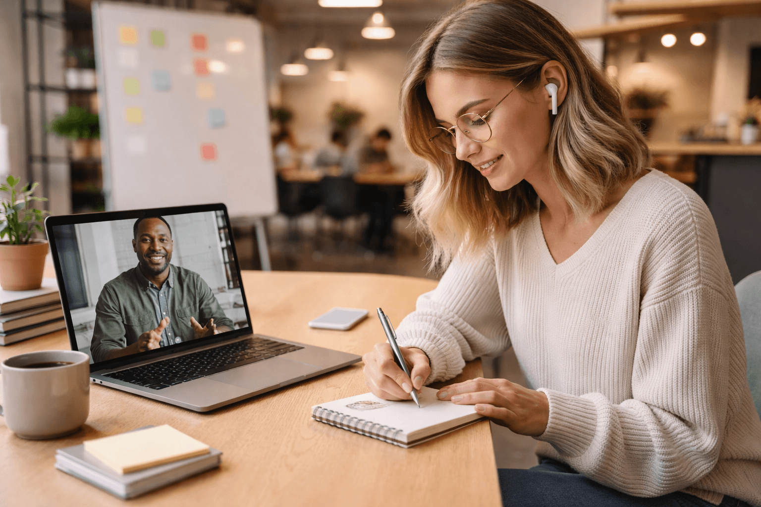 Co-working space during a client video call, editor reviewing notes beside a notepad and laptop.