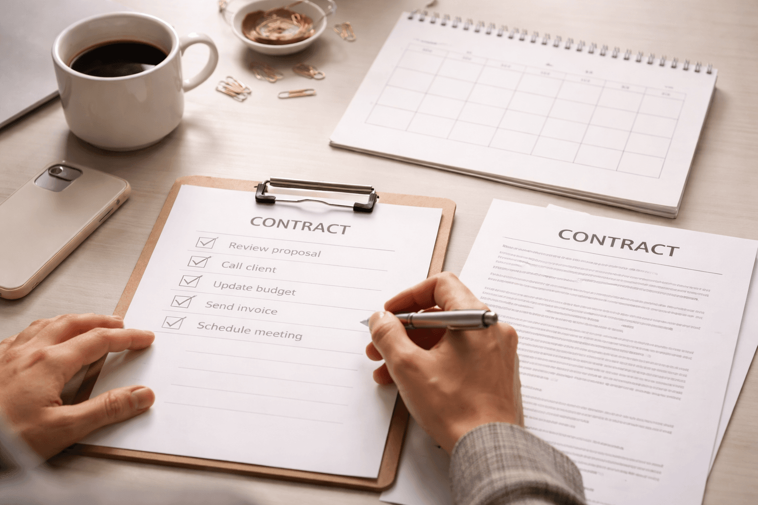 Desk close-up with contract draft, calendar, and a checklist for next client step
