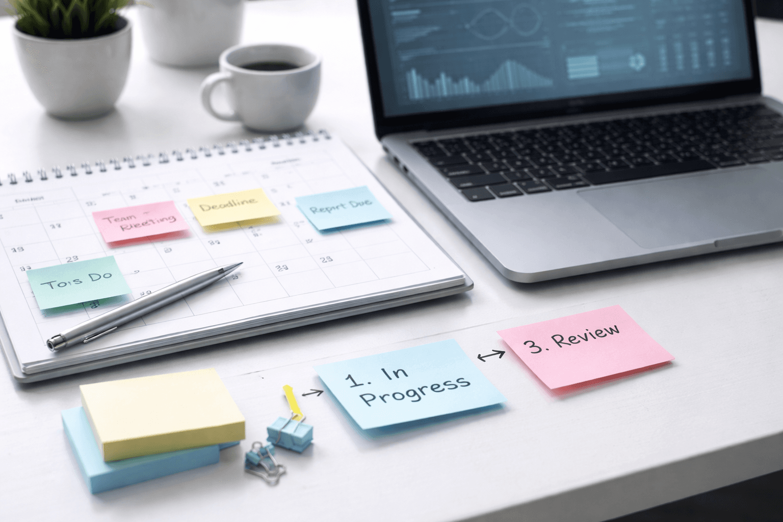 Desk close-up with a maintenance workflow checklist, calendar blocks, and a laptop showing abstract uptime monitoring concepts