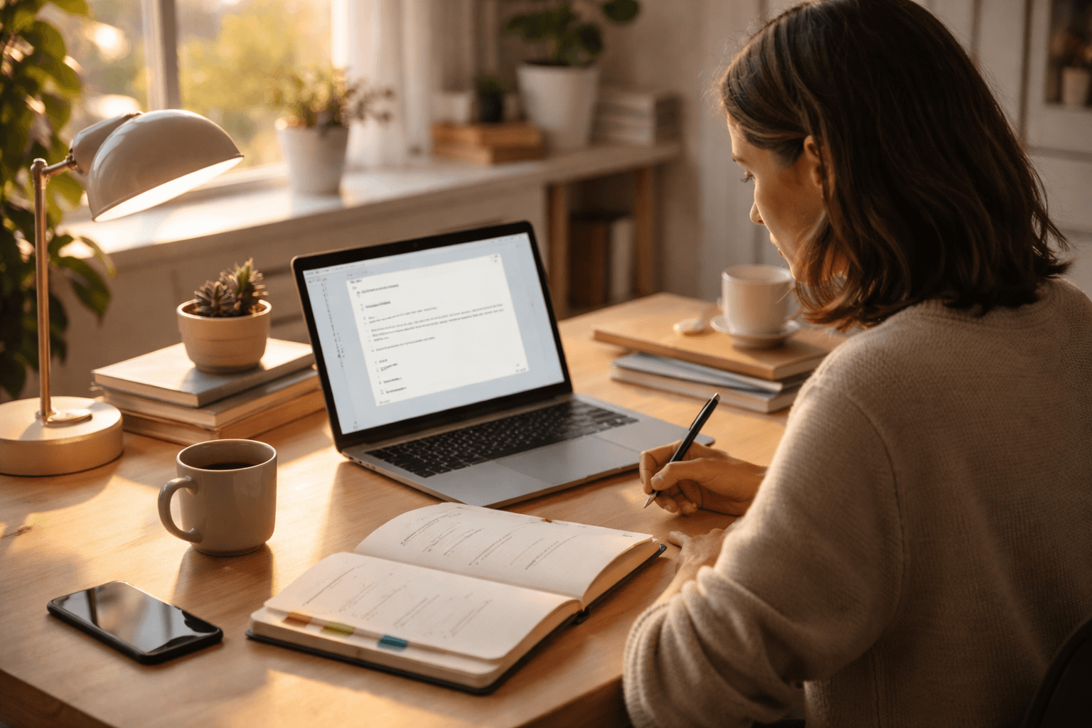 Freelancer working from home with laptop and notes