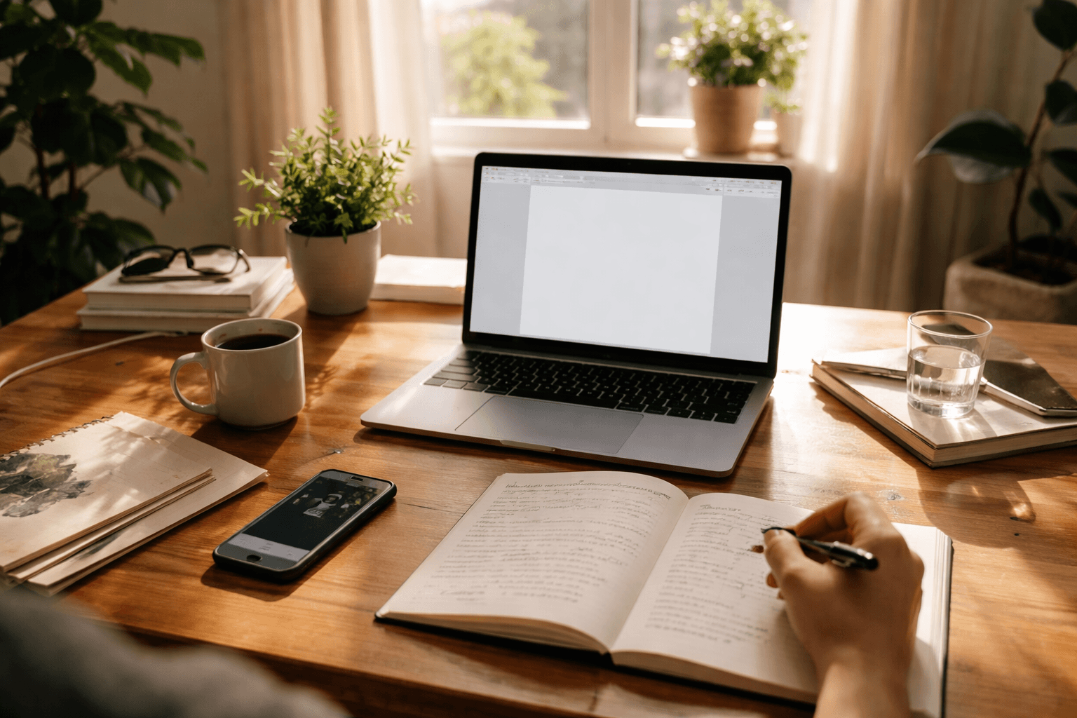 A freelance writer working at a home desk with notebook and laptop under warm light