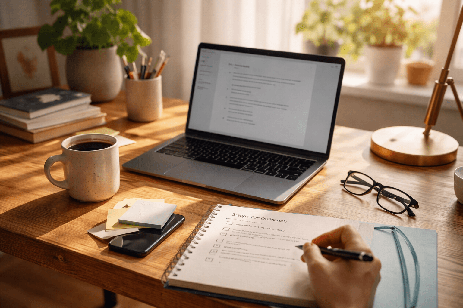 Freelancer planning social media outreach on a laptop at a home desk in the morning