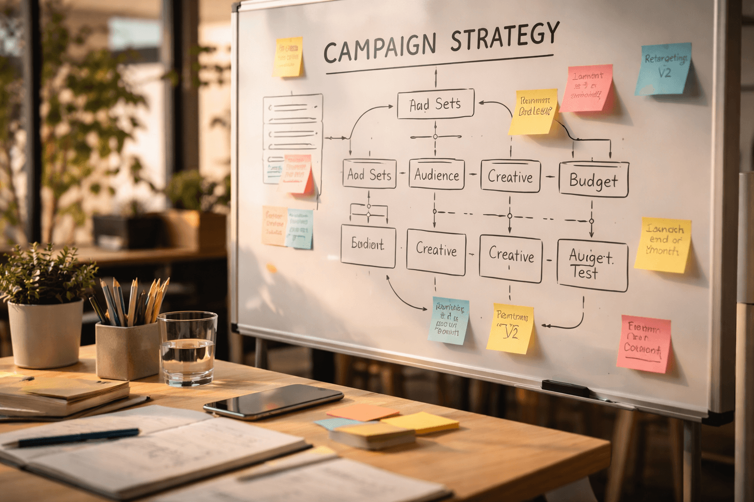 Co-working space desk with a whiteboard plan and notes for marketing campaign, late afternoon warm light, close-up editorial