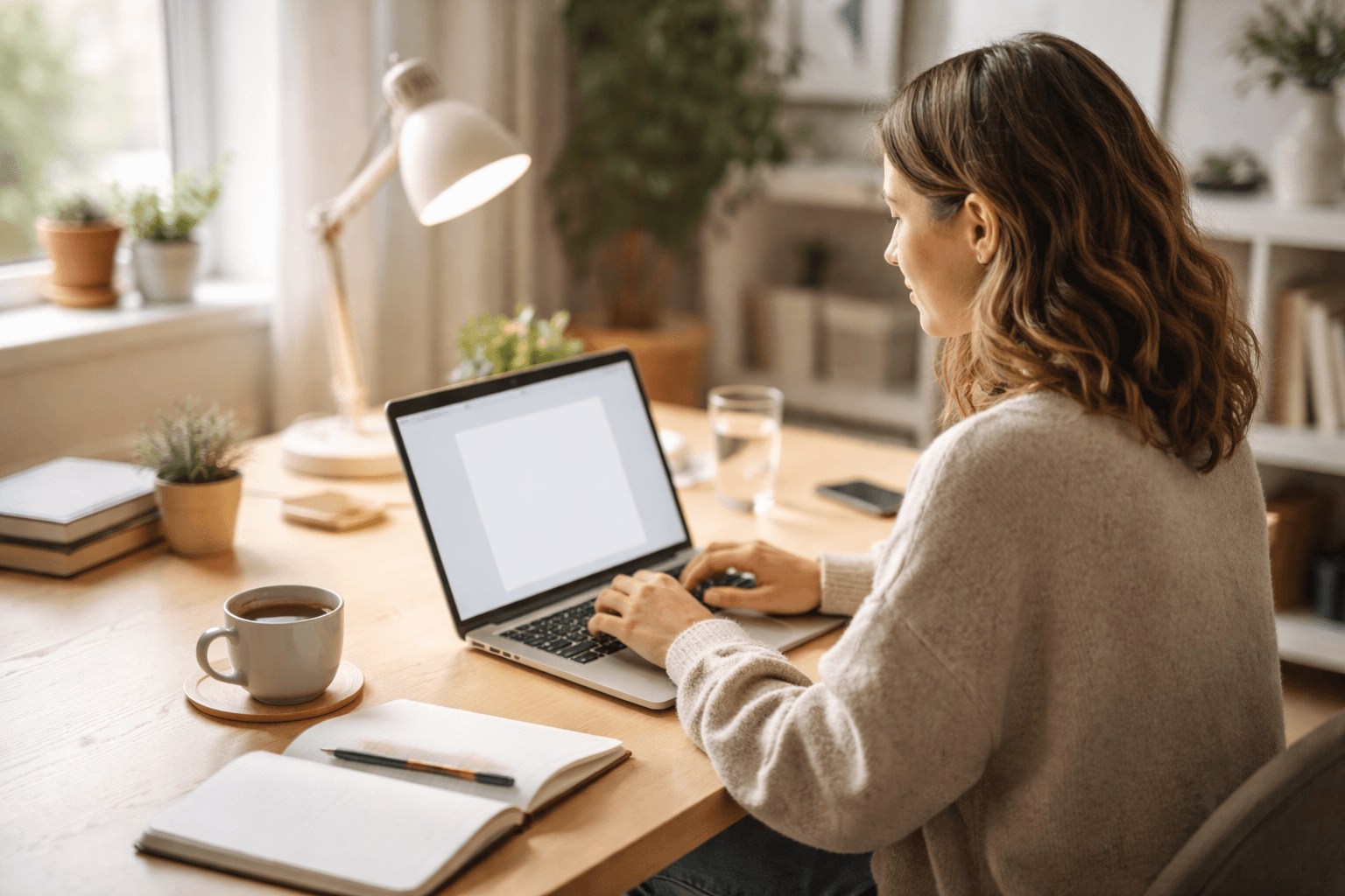 A freelancer drafting a copywriting proposal on a laptop at a home desk, morning light, calm editorial tone