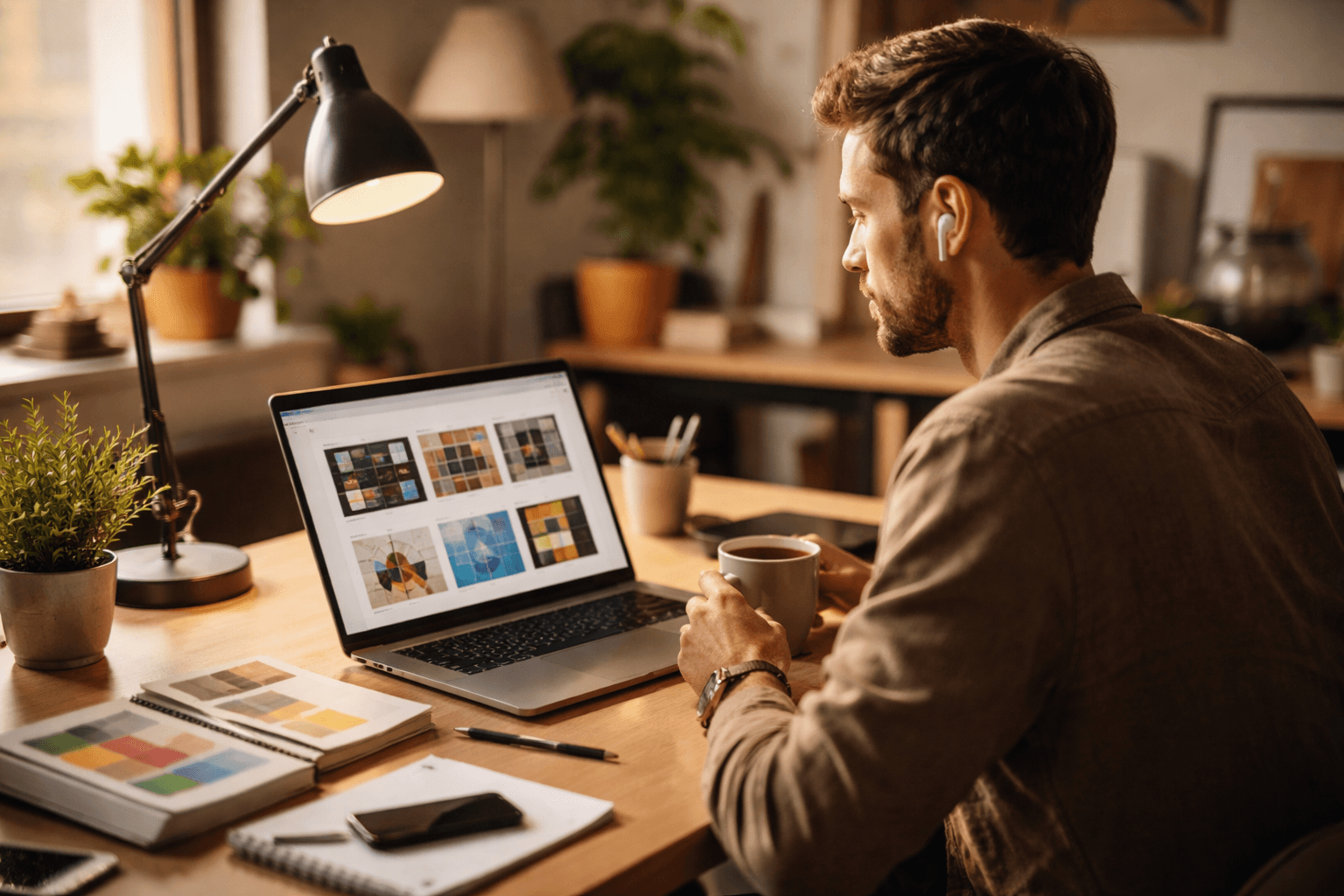 Freelancer curating a portfolio on a laptop at home, late afternoon light