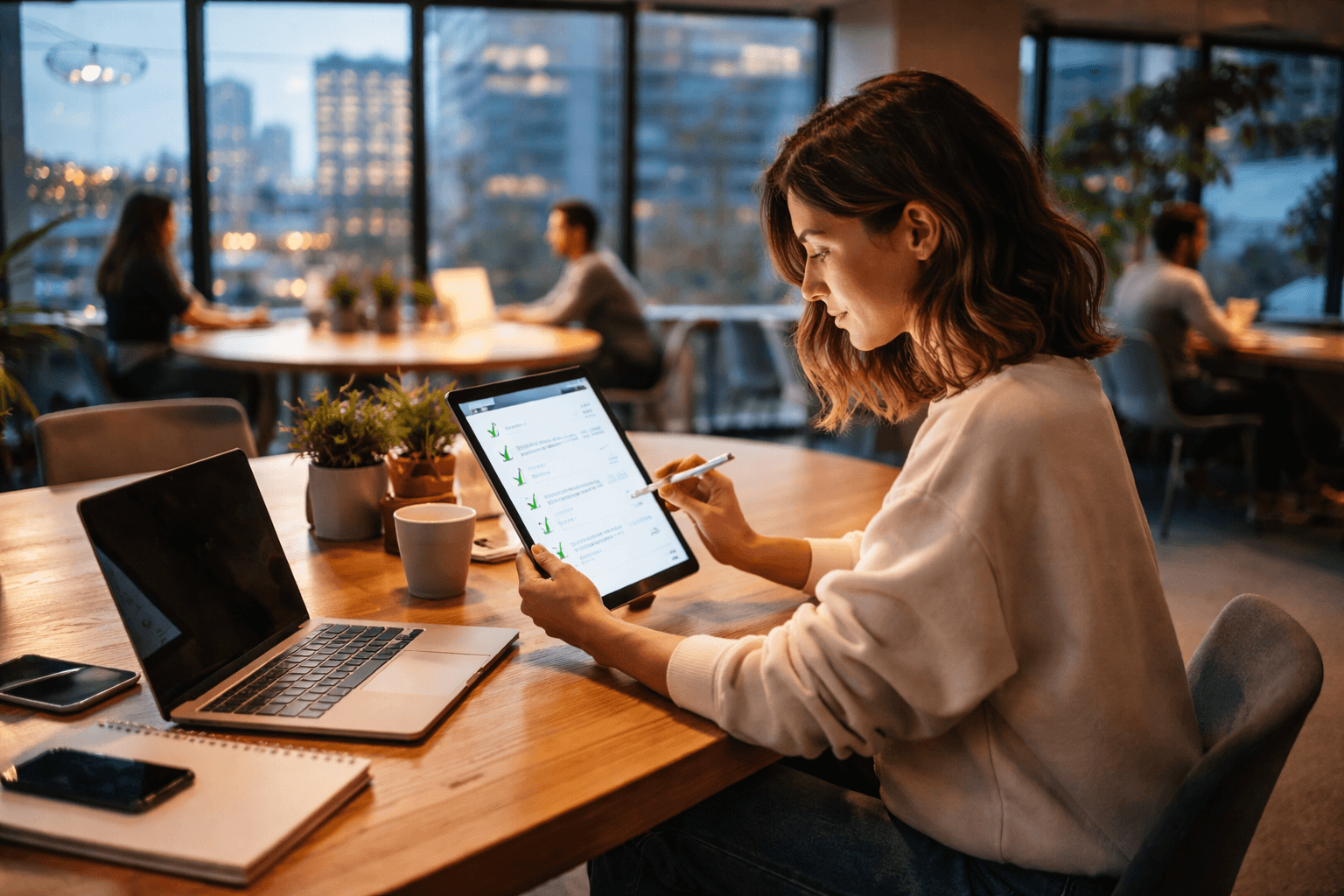 Editorial b-roll of a freelancer in a co-working space reviewing a checklist on a tablet before a client call