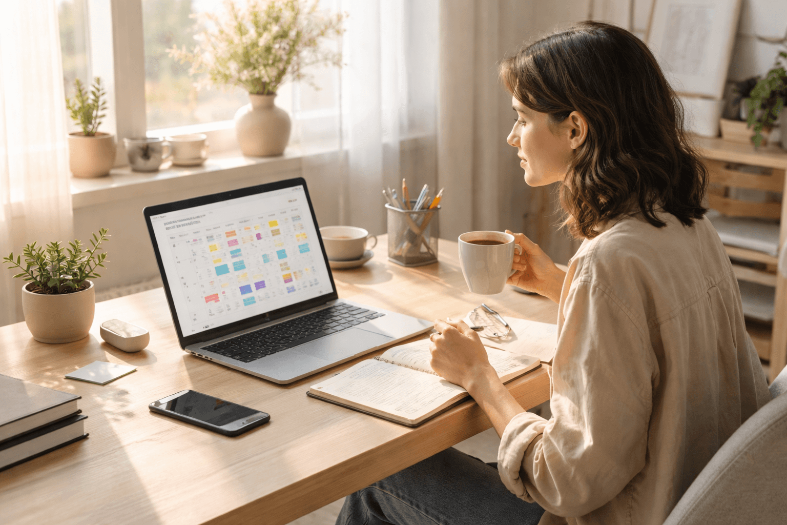 Freelancer planning social media calendar at a home studio in the morning