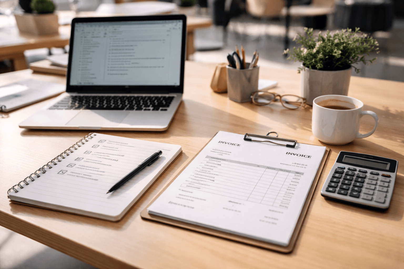 A bright coworking desk with a laptop, a checklist on a notepad, and a printed invoice template for planning client work