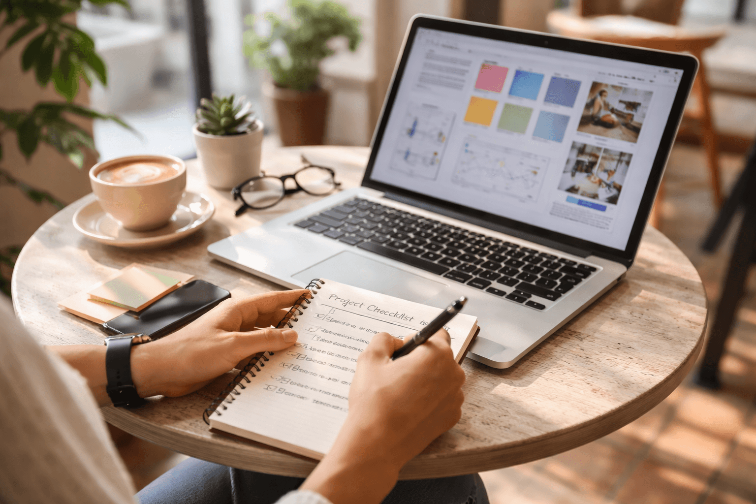 Graphic designer at a cafe reviewing a checklist on a laptop