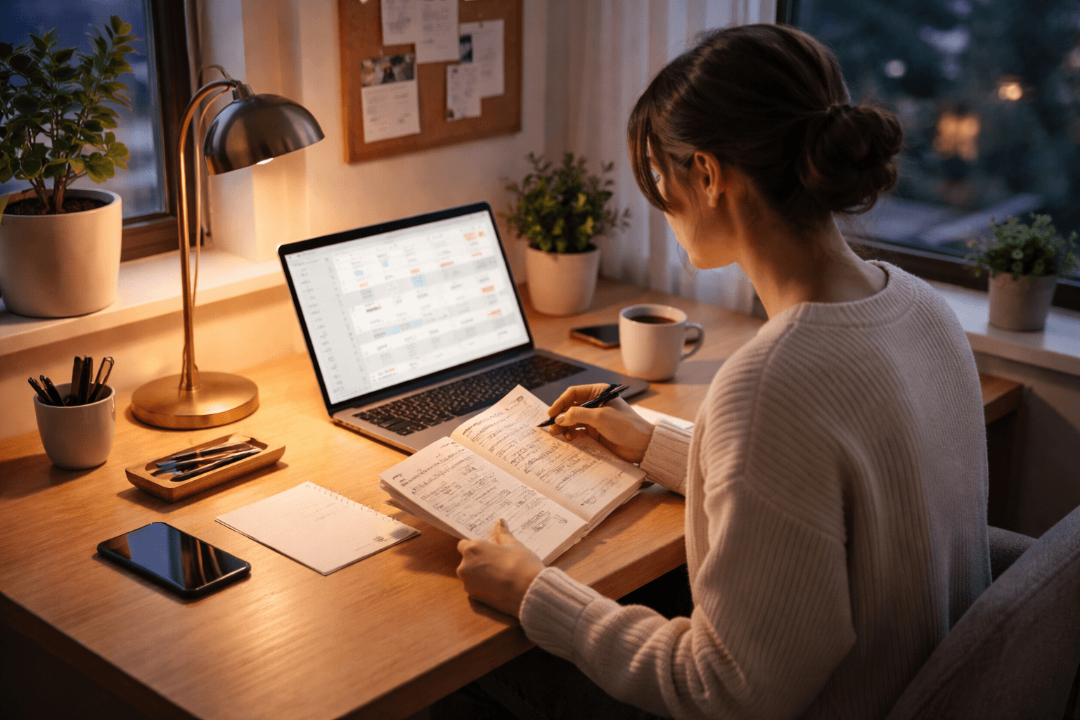 A freelancer in a home studio reviewing a laptop calendar and lead notes at dusk